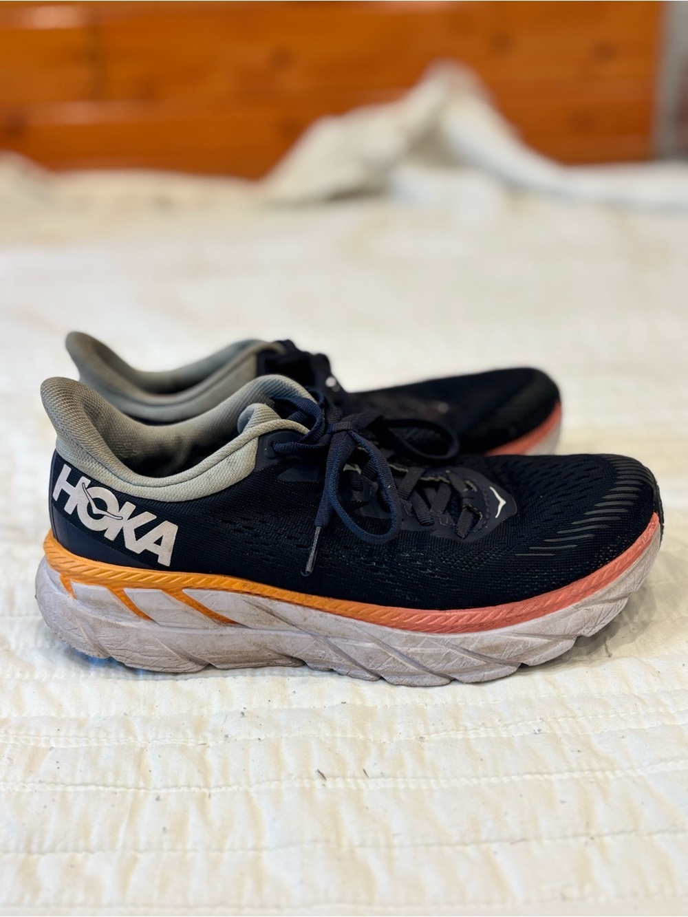 Hoka One One Clifton 7 Women Size 8 Running Shoes Navy Orange Max Cushion Sneak